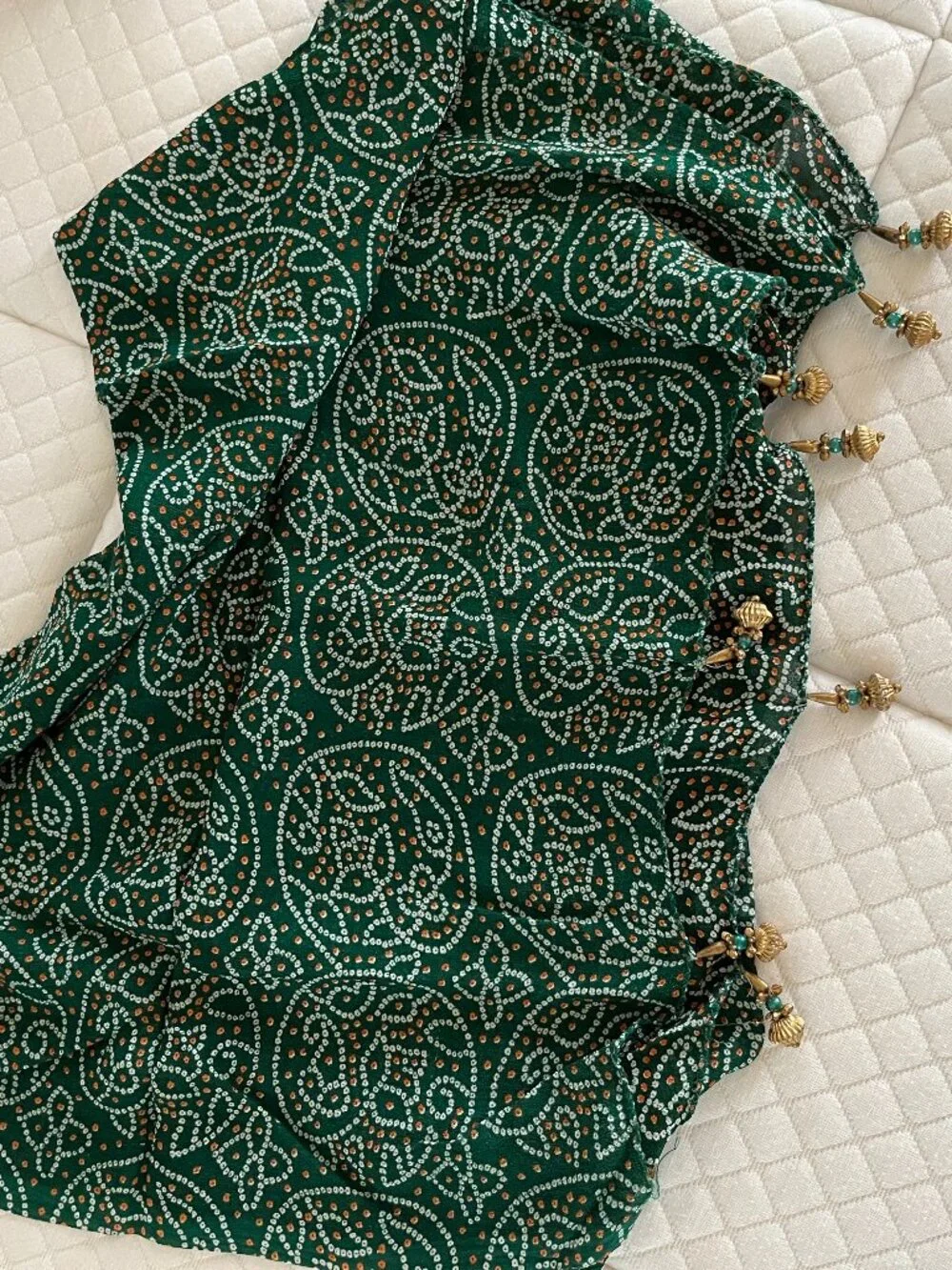 Tan Green Bandhani Embroidered Lehenga corset style Indian Wedding mehndi choli